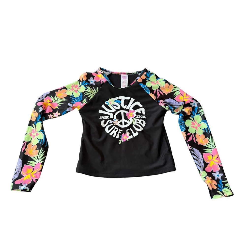 Justice Sport Girls XS 5/6 Rash Guard Swim Shirt Long Sleeve Floral Peace Lake